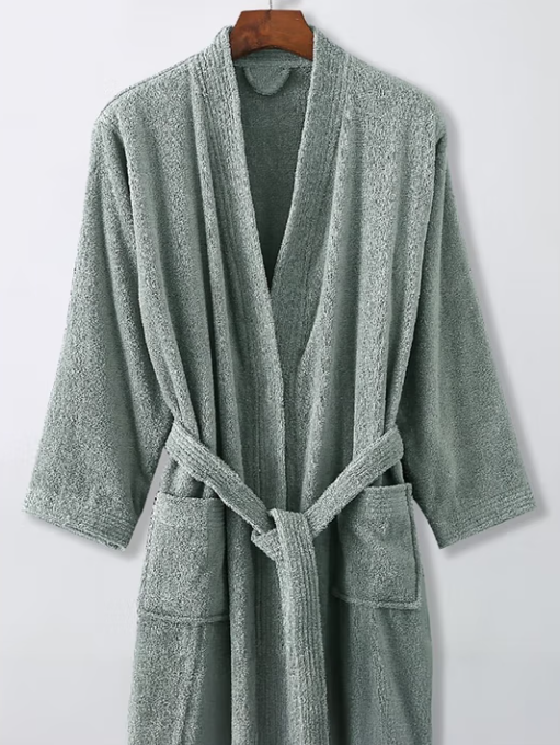 星级酒店浴袍 秋冬纯棉男士睡袍毛巾料双面毛圈全棉浴衣女睡衣 豆绿灰